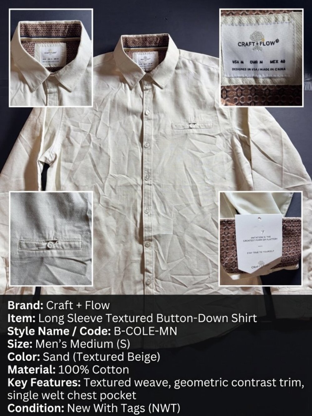 Craft + Flow Mens Medium Sand Textured Button Down Shirt NWT Contrast Trim